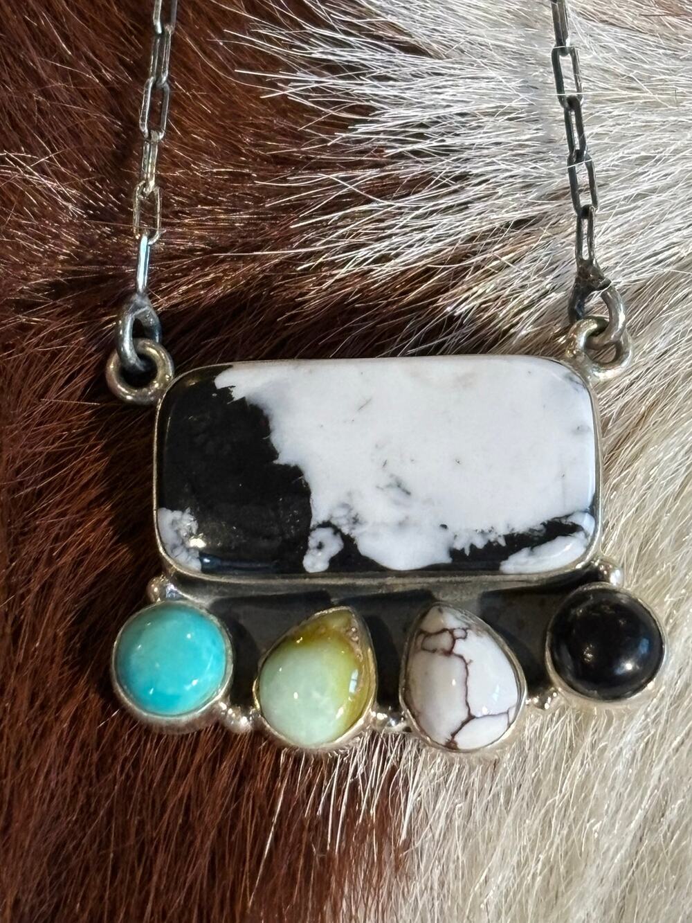 White Buffalo, Turquoise Multistone Bar Necklace 20" Chain